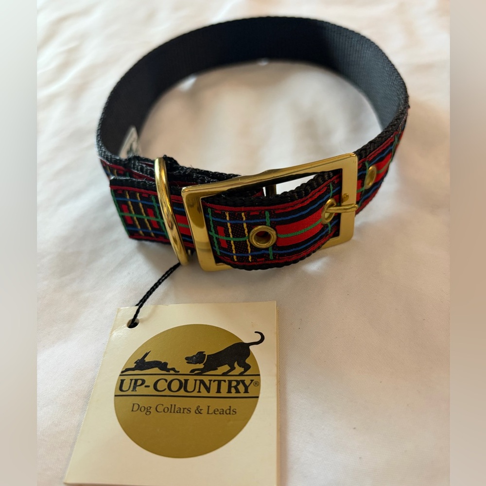Title: Up Country Dog Collar Red Green Tartan Plaid Nylon Solid Brass Buckle L